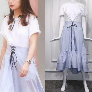 Short-sleeve Lace-up Mock Two-piece Midi Dress