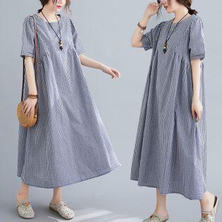 Short-sleeve Gingham Midi A-line Dress Black - One Size