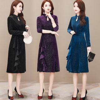 Long-sleeve Ruffled Midi A-line Qipao Dress