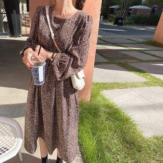 Square-neck Floral Print Dress With Scarf Brown - One Size