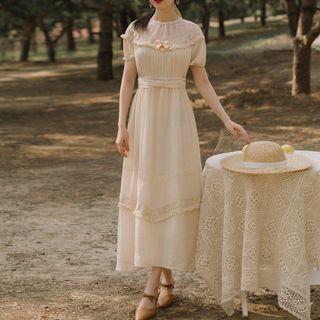 Bow Detail Short-sleeve Midi A-line Dress