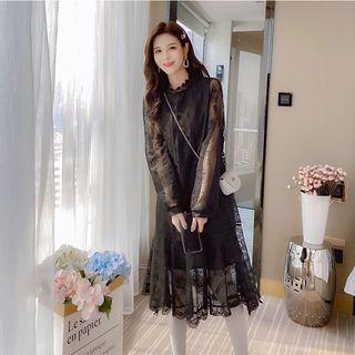 Long-sleeve Lace Ruffled Midi Dress
