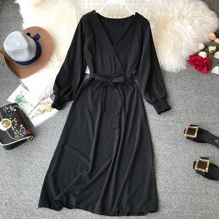 Knit V-neck Long-sleeve Midi A-line Dress