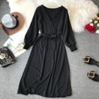 Knit V-neck Long-sleeve Midi A-line Dress