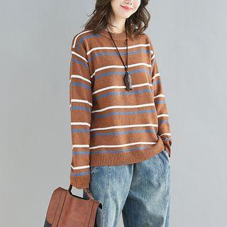 Striped Round-neck Knit Sweater Brown - Stripe - L