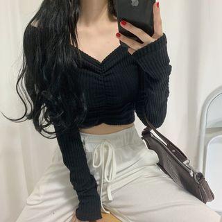 Long-sleeve Ruffled Cropped Knit Top