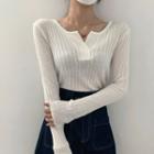 V-neck Plain Skinny Long-sleeve Knitted Top