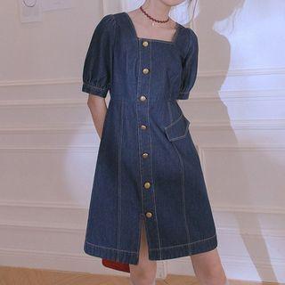 Short-sleeve Square-neck Denim A-line Dress