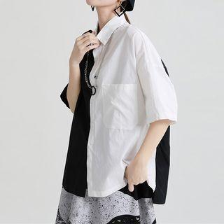Elbow-sleeve Two-tone Shirt Black & White - One Size