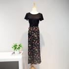Set: Short-sleeve T-shirt + Floral Midi Skirt