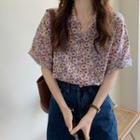 Short-sleeve Floral Print Shirt Floral - White & Purple - One Size