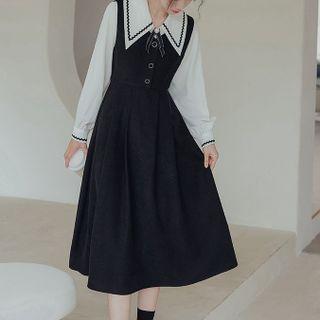 Set: Tie Neck Blouse + Midi Overall Dress