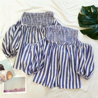 Striped Off Shoulder 3/4 Sleeve Chiffon Top
