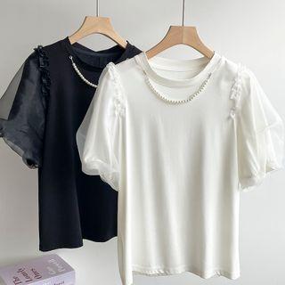 Short-sleeve Faux Pearl Embellished T-shirt