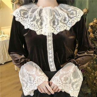 Set: Mock Two-piece Ruffled Lace Blouse + Maxi Skirt