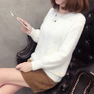 Faux Pearl Accent Furry Sweater