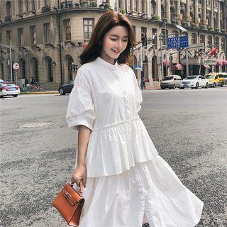 Elbow-sleeve Midi A-line Shirt Dress