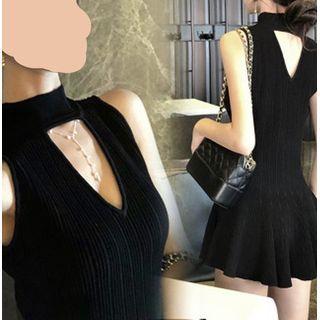V-neck Knit Sleeveless A-line Skirt Black - One Size