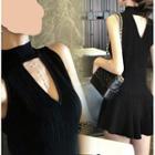 V-neck Knit Sleeveless A-line Skirt Black - One Size