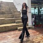 Buckled-strap Slit-front Boot-cut Jumpsuit Black - One Size