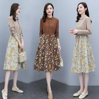 Long Sleeve Peter Pan Collar Floral Print A-line Shirtdress