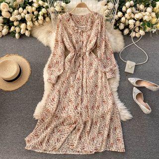 Long-sleeve Floral Print Ruffled Maxi A-line Dress
