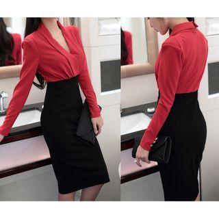 Long-sleeve Two-tone V-neck Midi Sheath Dress