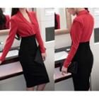 Long-sleeve Two-tone V-neck Midi Sheath Dress