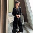 Long-sleeve Tweed Trim Glitter Midi A-line Dress