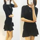 Elbow-sleeve Ruffle-hem Dress