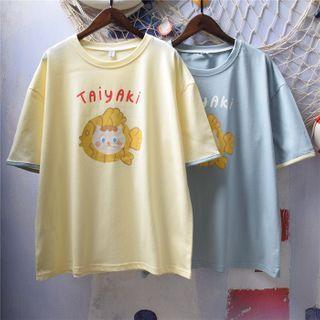 Short-sleeve Cat Lettering Color Panel Cotton T-shirt