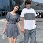 Couple Matching Two-tone Short-sleeve T-shirt / Wide-leg Playsuit / Shorts