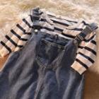 Short-sleeve Striped Knit Cardigan / Denim Overall Dress