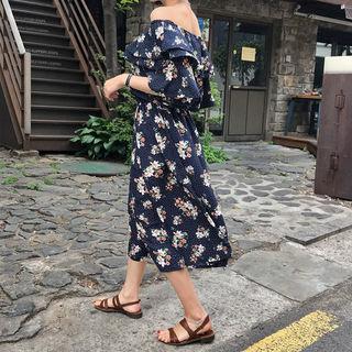 Off-shoulder Ruffled Dotted Floral Dress