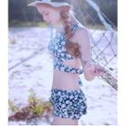 Set: Floral Print Cutout Tankini Top + Swim Skirt