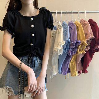 Puff-sleeve Frill Trim Drawstring Knit Top