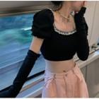 Off-shoulder Lace Trim Knit Cropped Top + Oversleeves