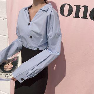 V-neck Asymmetric Button Long Sleeve Shirt Blue - One Size