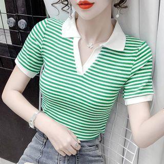 Short-sleeve Open-collar Striped Top