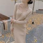 Long-sleeve Square-neck Plain Knit Slim-fit Dress