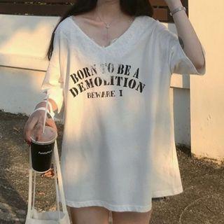Bell-sleeve V-neck Lace Trim Lettering T-shirt