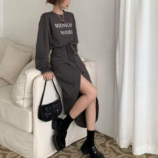 Round-neck Letter Print Crop Drawstring Sweatshirt / High Waist Ruched Maxi Split Skirt