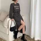 Round-neck Letter Print Crop Drawstring Sweatshirt / High Waist Ruched Maxi Split Skirt