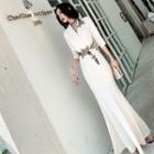 Elbow-sleeve Floral Embroidery Sheath Dress