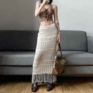 Low Waist Crochet Knit Tassel Maxi Skirt