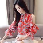 Elbow-sleeve Cold Shoulder Printed Blouse