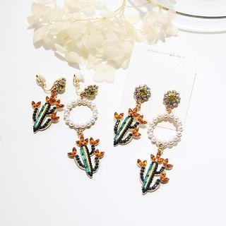 Non-matching Cactus Rhinestone Faux Pearl Dangle Earring