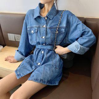 Long-sleeve Loose-fit Denim Shirt Blue - One Size