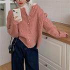 Long-sleeve Turtleneck Lace Top / Plain Knit Cardigan