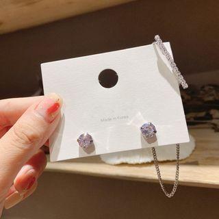 Rhinestone Chained Asymmetrical Earring 1 Pc - Silver - One Size